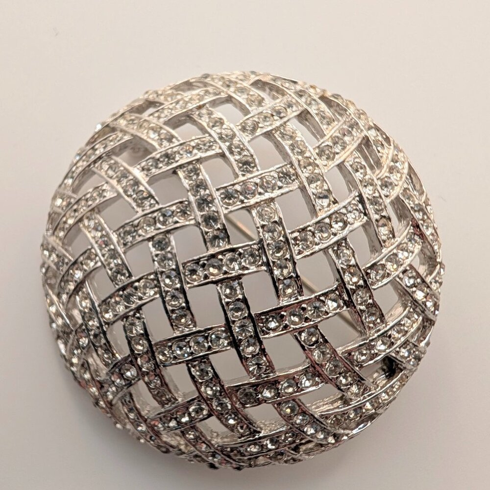 Vintage Silver-Tone Pavé Rhinestone Lattice Dome Brooch